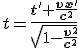 LaTeX: t=\mathbf{\frac{t' + \frac{vx'}{c^2}}{ \sqrt[]{1 -\frac{v^2}{c^2}}}} 